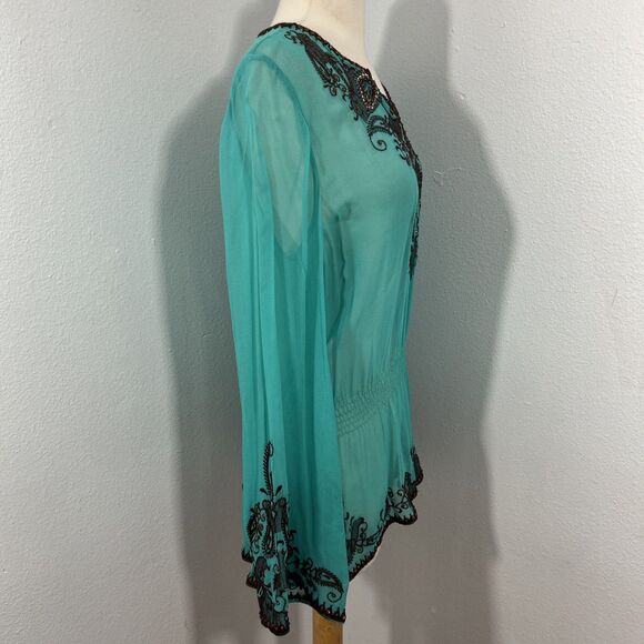 Cache Blouse Womens S Green Silk Sheer Embroidered Boho Peasant Top - Picture 5 of 10